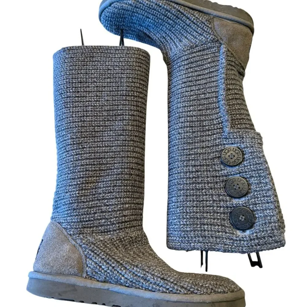 Ugg Gray Knit Button-Accent Tall Boots Womens Size 8